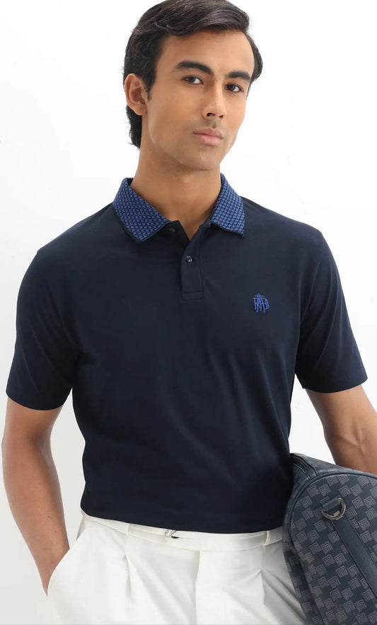 Rare Rabbit Embroidered Logo Textured Collar Polo Booth - Navy Blue